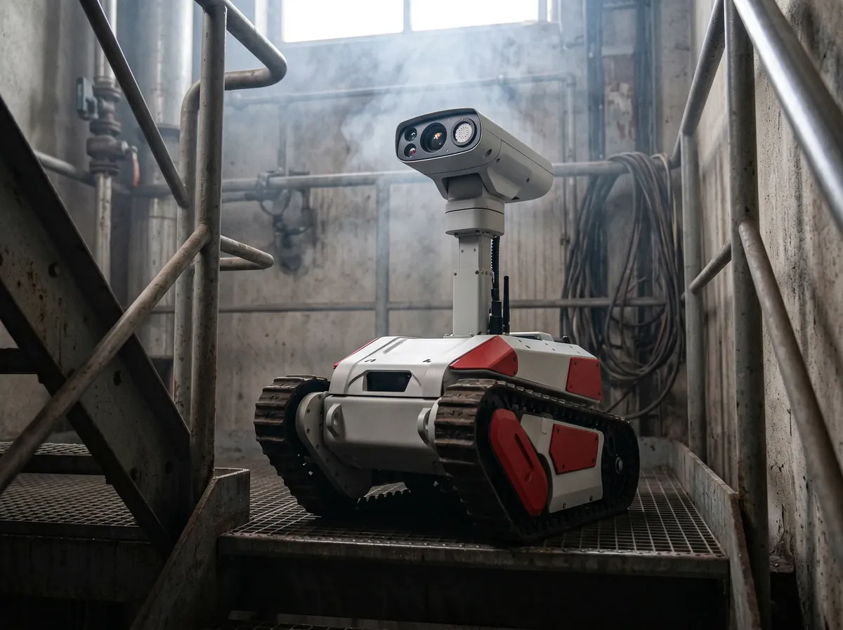 Compact reconnaissance robot in a smoke-filled industrial corridor